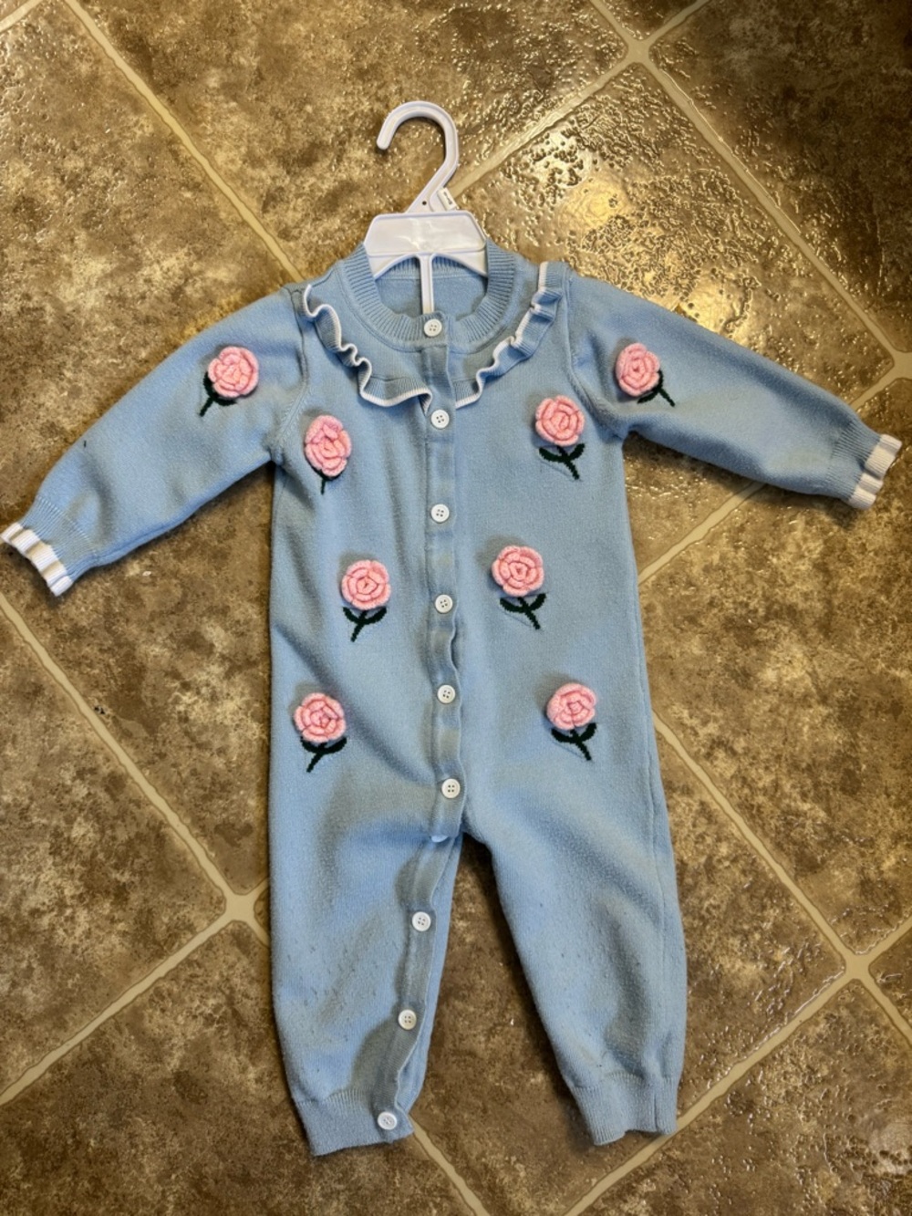 Sweet Blue Knit Romper with 3D Pink Roses - 12-18M